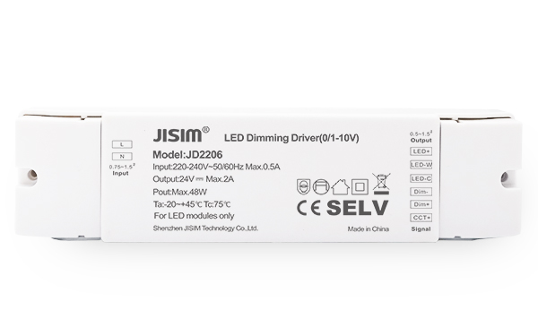 JD2206 24V 2A 48W 0/1-10V恒压 无频闪 缓启动调光调色电源